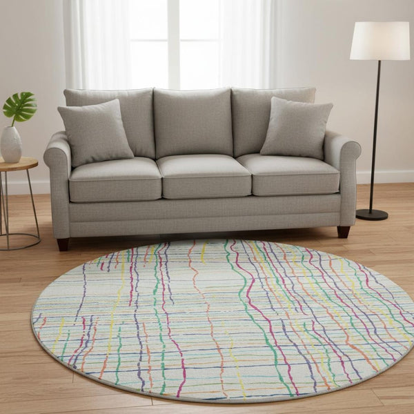 HomeRoots 8' Vibrant Striped Round Rug with UV Protection - Washable, Durable, Perfect for Indoor & Outdoor Use 678607