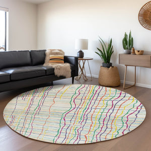 HomeRoots 8' Vibrant Striped Round Rug with UV Protection - Washable, Durable, Perfect for Indoor & Outdoor Use 678607