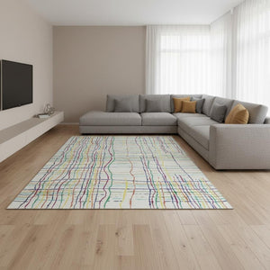 HomeRoots 8' X 10' Striped Washable Area Rug in White, Yellow, Green & Pink - Durable, UV Protected & Stylish 678608