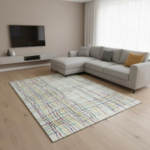 HomeRoots 9' X 12' Striped Washable Area Rug in Cheerful Colors with UV Protection for Family-Friendly Spaces 678609