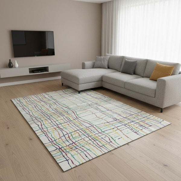 HomeRoots 9' X 12' Striped Washable Area Rug in Cheerful Colors with UV Protection for Family-Friendly Spaces 678609
