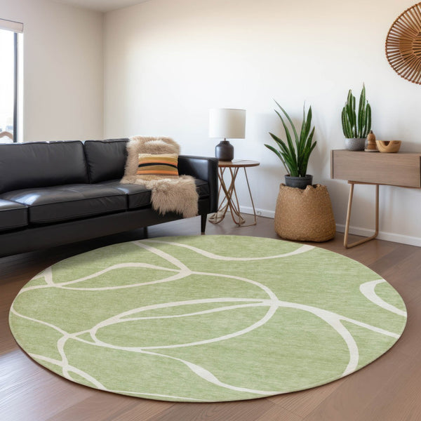 HomeRoots 8' Artichoke Green & Ivory Abstract Round Washable Rug with UV Protection for Modern Spaces 678613