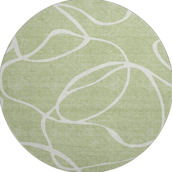 HomeRoots 8' Artichoke Green & Ivory Abstract Round Washable Rug with UV Protection for Modern Spaces 678613