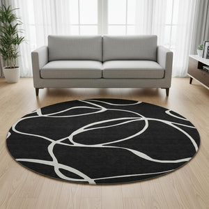 HomeRoots 8' Washable Round Rug - Black & Ivory Abstract Design, UV Resistant, Family-Friendly & Durable! 678619