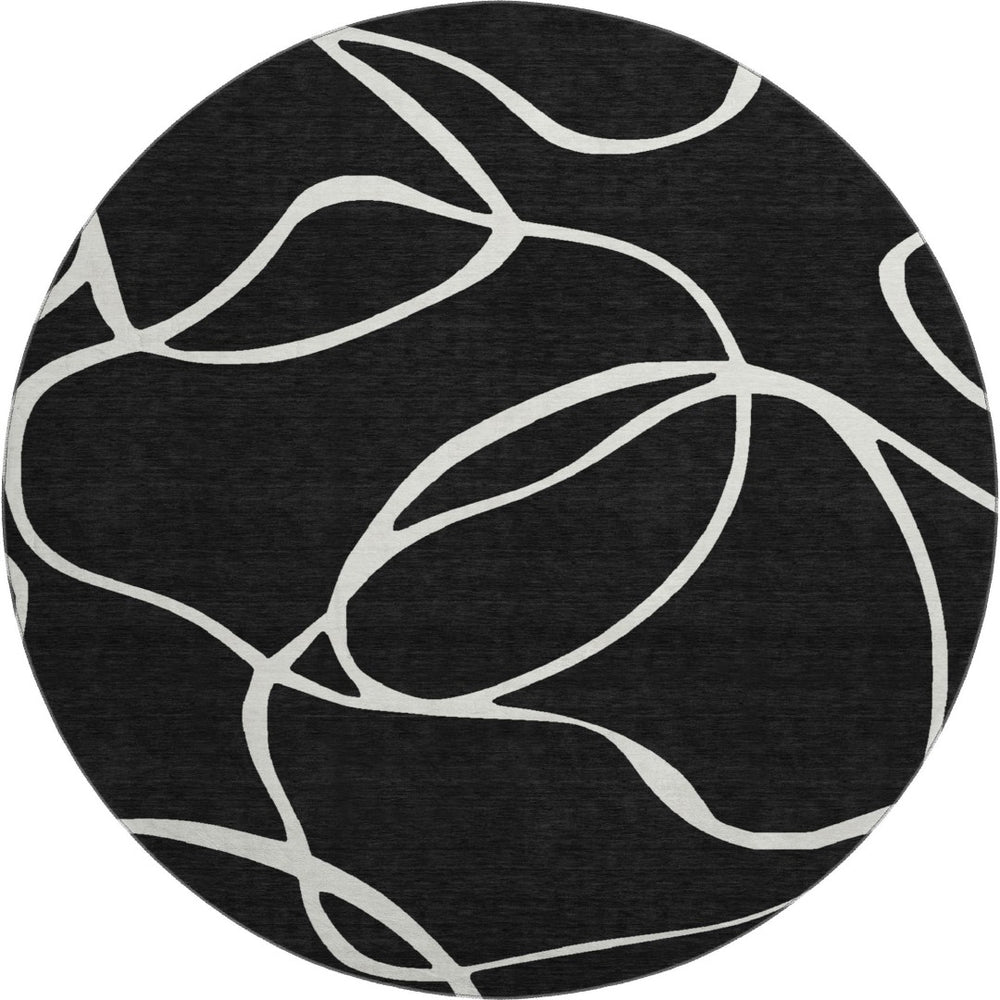 HomeRoots 8' Washable Round Rug - Black & Ivory Abstract Design, UV Resistant, Family-Friendly & Durable! 678619