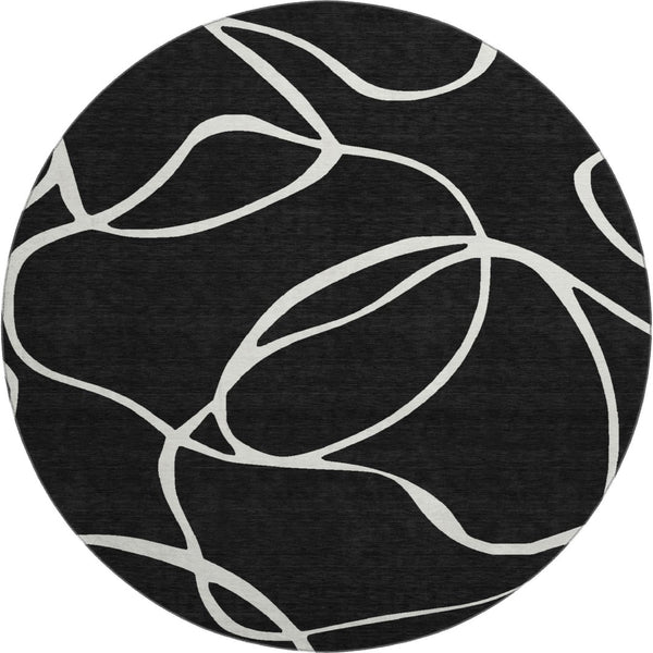 HomeRoots 8' Washable Round Rug - Black & Ivory Abstract Design, UV Resistant, Family-Friendly & Durable! 678619