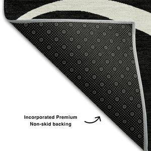 HomeRoots 8' Washable Round Rug - Black & Ivory Abstract Design, UV Resistant, Family-Friendly & Durable! 678619