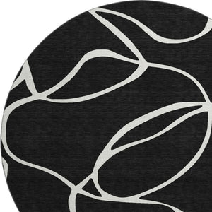 HomeRoots 8' Washable Round Rug - Black & Ivory Abstract Design, UV Resistant, Family-Friendly & Durable! 678619