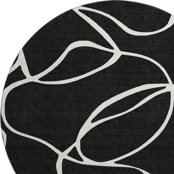 HomeRoots 8' Washable Round Rug - Black & Ivory Abstract Design, UV Resistant, Family-Friendly & Durable! 678619