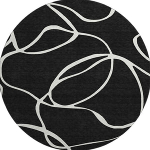 HomeRoots 8' Washable Round Rug - Black & Ivory Abstract Design, UV Resistant, Family-Friendly & Durable! 678619