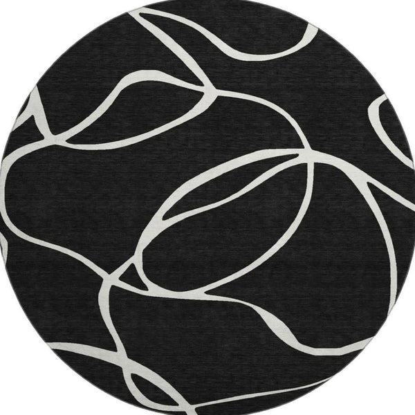 HomeRoots 8' Washable Round Rug - Black & Ivory Abstract Design, UV Resistant, Family-Friendly & Durable! 678619