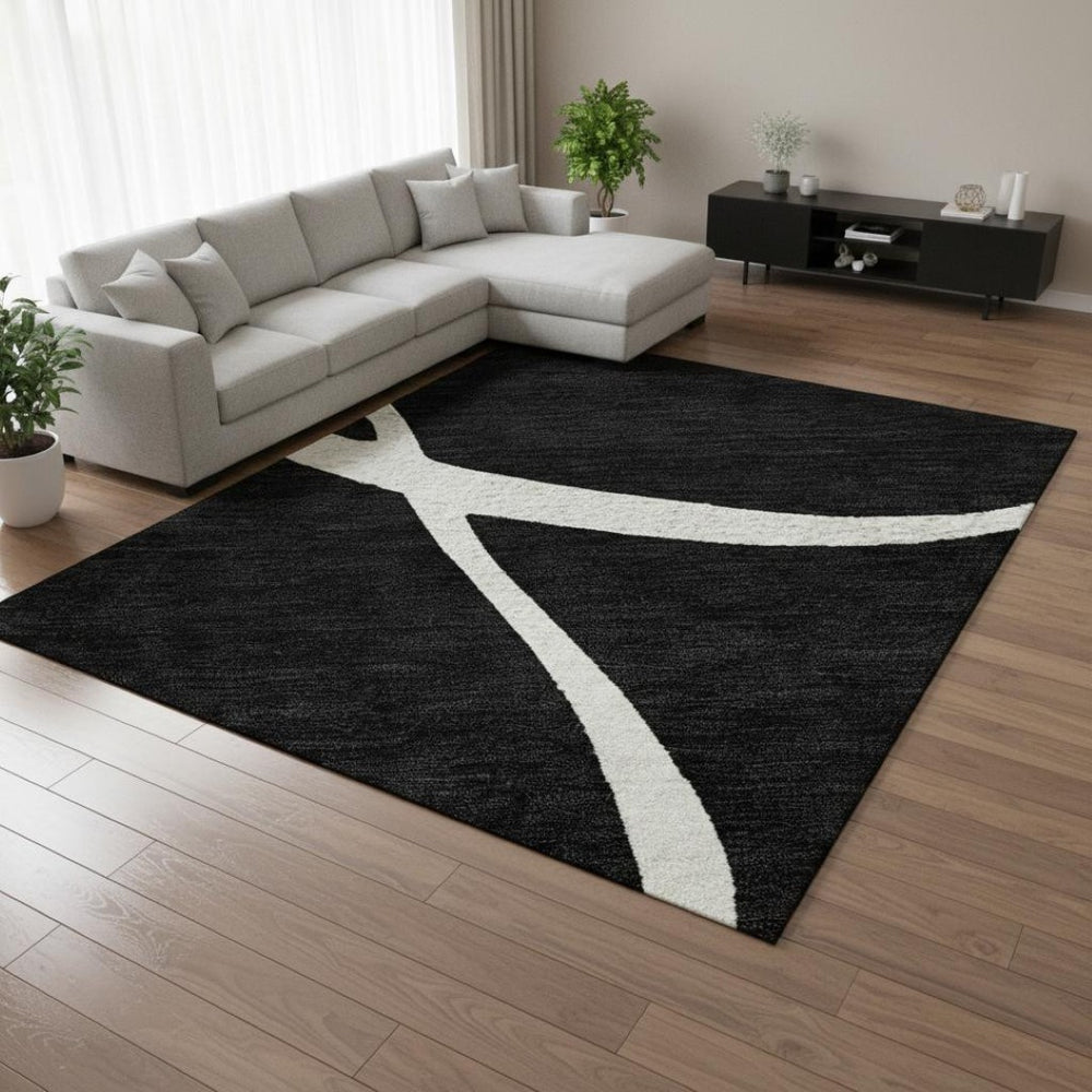 HomeRoots 9' X 12' Black And Ivory Abstract Area Rug – Stain-Resistant, Washable, UV Protected, Modern Design! 678621