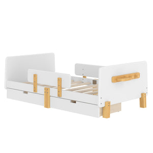English Elm Twin Low Profile Kids Floor Bed Pine Wood Frame with Safety Rail and Built in Bookshelf Light White W1580P373241