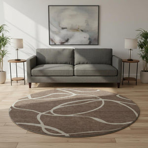 HomeRoots 8' Brown and Beige Abstract Washable Round Area Rug with UV Protection - Durable, Stylish, Easy Care! 678625
