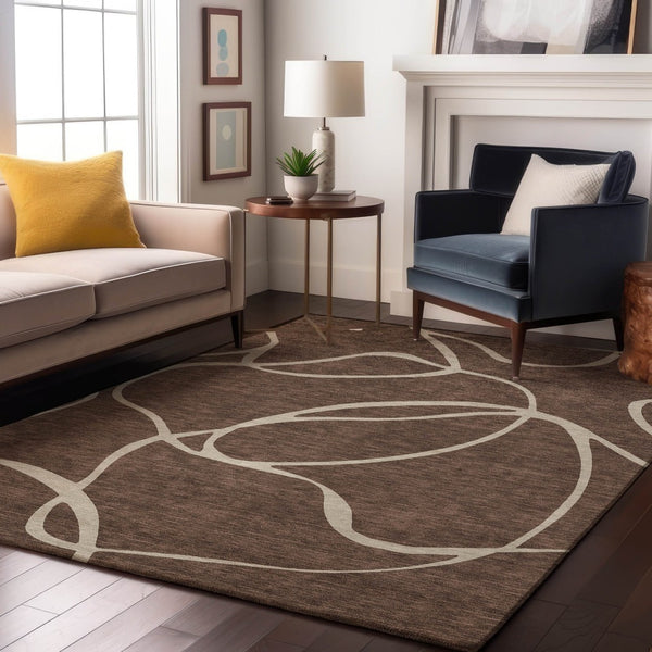 HomeRoots 8' X 10' Abstract Washable Area Rug in Brown & Beige - UV Protected, Stain-Resistant for Easy Care! 678626