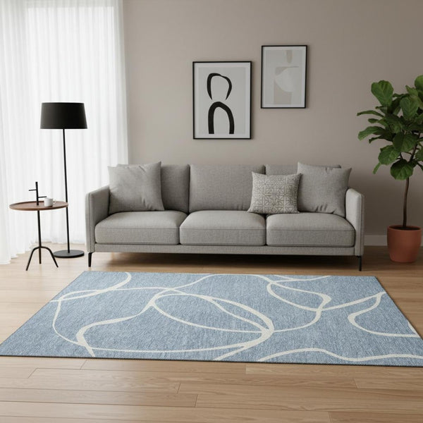 HomeRoots 5' X 8' Denim Blue & Ivory Abstract Rug – Washable, Stain Resistant, UV Protected for High-Traffic Areas 678630