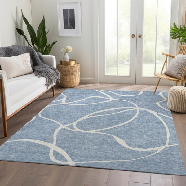 HomeRoots 5' X 8' Denim Blue & Ivory Abstract Rug – Washable, Stain Resistant, UV Protected for High-Traffic Areas 678630