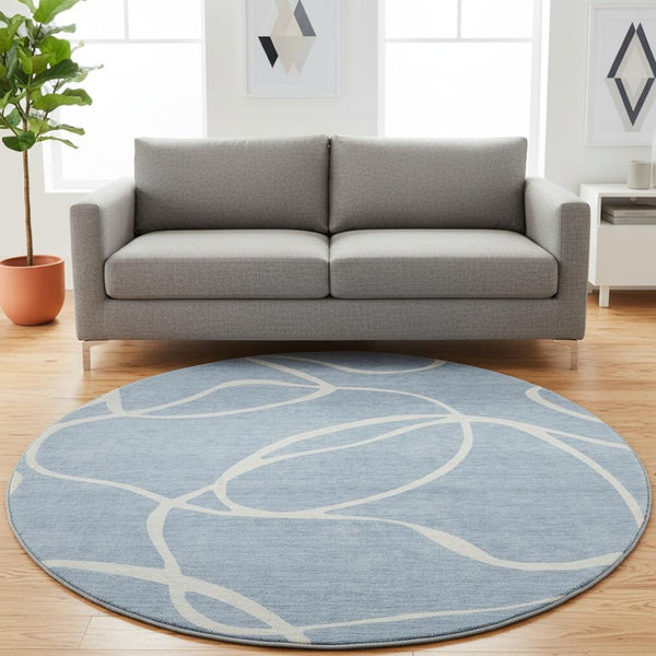 HomeRoots 8' Stylish Denim Blue & Ivory Abstract Washable Round Rug with UV Protection for High-Traffic Areas 678631