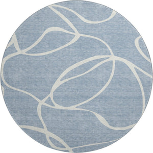HomeRoots 8' Stylish Denim Blue & Ivory Abstract Washable Round Rug with UV Protection for High-Traffic Areas 678631