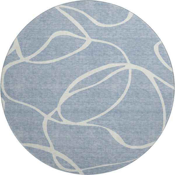 HomeRoots 8' Stylish Denim Blue & Ivory Abstract Washable Round Rug with UV Protection for High-Traffic Areas 678631