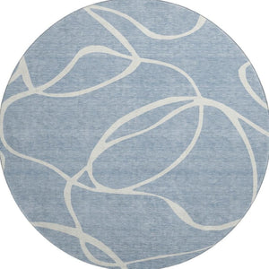 HomeRoots 8' Stylish Denim Blue & Ivory Abstract Washable Round Rug with UV Protection for High-Traffic Areas 678631