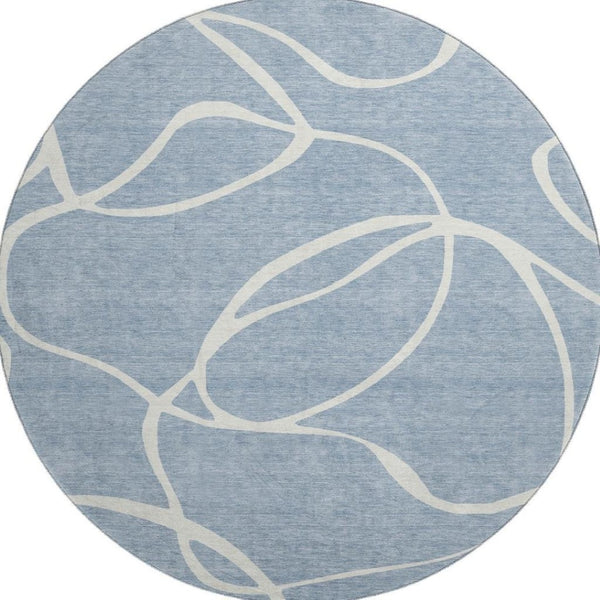 HomeRoots 8' Stylish Denim Blue & Ivory Abstract Washable Round Rug with UV Protection for High-Traffic Areas 678631