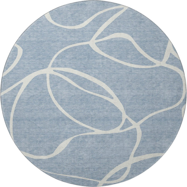 HomeRoots 8' Stylish Denim Blue & Ivory Abstract Washable Round Rug with UV Protection for High-Traffic Areas 678631