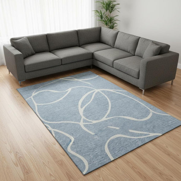 HomeRoots 8' X 10' Denim Blue & Ivory Abstract Washable Area Rug - Durable, UV-Protected, Modern Design! 678632