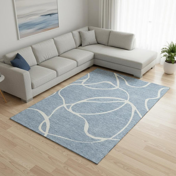 HomeRoots 9' X 12' Denim Blue & Ivory Abstract Rug - Washable, UV Protected, Stylish for High-Traffic Areas 678633