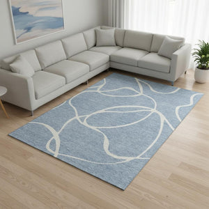 HomeRoots 10' Denim Blue & Ivory Abstract Area Rug - Washable, UV Protected, Durable for Homes with Kids & Pets 678634