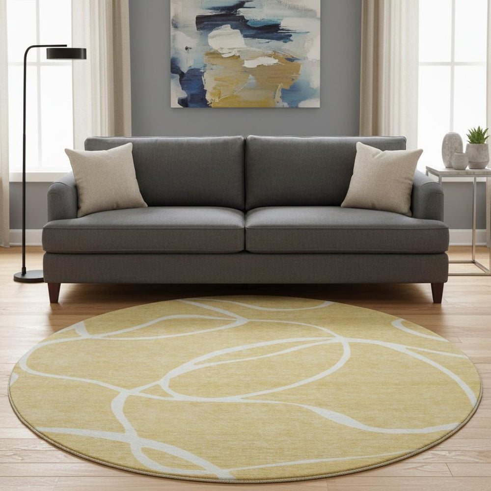 HomeRoots 8' Gold and Ivory Abstract Washable Round Rug – Stylish, Durable, UV-Protected, Family-Friendly Design 678637