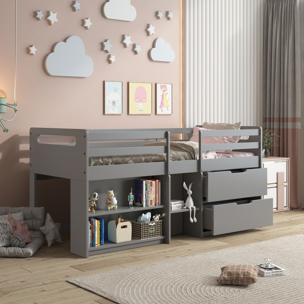English Elm Grey Twin Loft Bed With Storage Drawers & Bookshelf - Space-Saving Design For Kids' Rooms! B062S00470