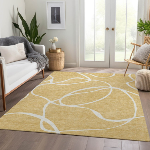 HomeRoots 8' X 10' Gold And Ivory Abstract Area Rug - Washable, UV-Protected, Durable for High-Traffic Homes 678638