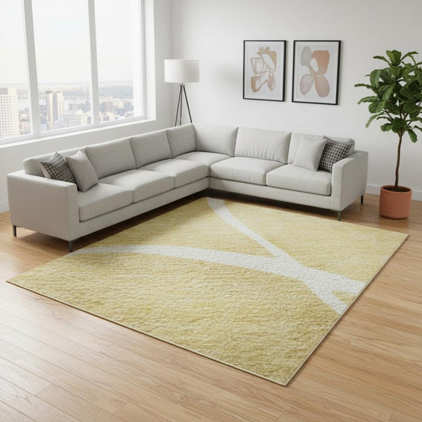 HomeRoots 8' X 10' Gold And Ivory Abstract Area Rug - Washable, UV-Protected, Durable for High-Traffic Homes 678638