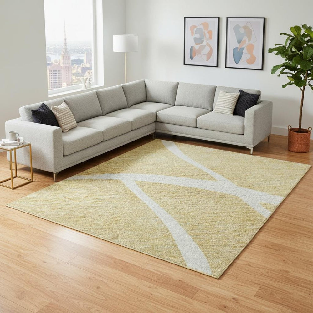 HomeRoots 9' X 12' Washable Gold and Ivory Abstract Area Rug - UV Protected, Stain-Resistant, Durable Design 678639
