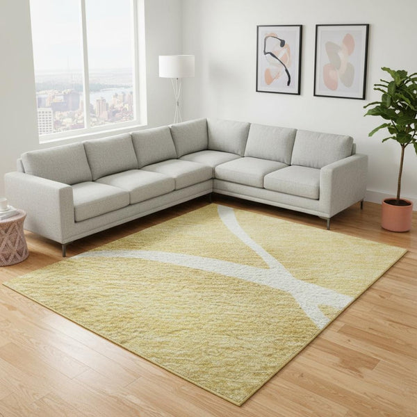 HomeRoots 10' Gold and Ivory Abstract Washable Area Rug - Durable, UV Protected, Perfect for Modern Spaces! 678640