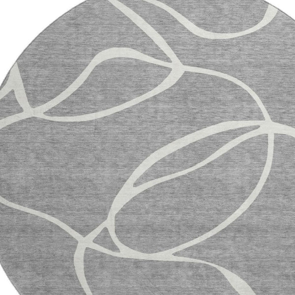 HomeRoots 8' Gray and Ivory Abstract Round Rug - Washable, UV Protected, Stain Resistant for Busy Homes 678643