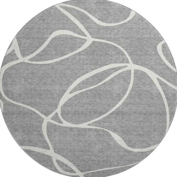HomeRoots 8' Gray and Ivory Abstract Round Rug - Washable, UV Protected, Stain Resistant for Busy Homes 678643