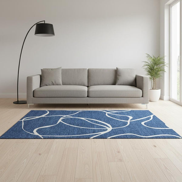 HomeRoots 5' X 8' Navy Blue & Ivory Abstract Area Rug – Stylish, Washable, Stain-Resistant with UV Protection! 678654