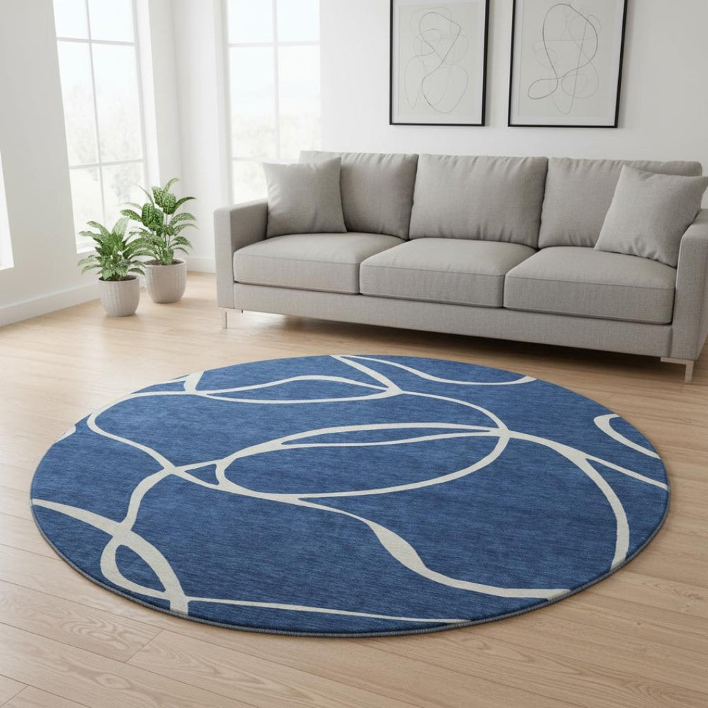 HomeRoots 8' Navy Blue & Ivory Abstract Washable Round Rug – Stain Resistant, UV Protected, Modern Style 678655