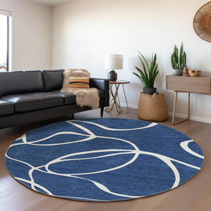 HomeRoots 8' Navy Blue & Ivory Abstract Washable Round Rug – Stain Resistant, UV Protected, Modern Style 678655