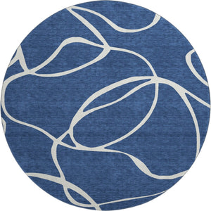 HomeRoots 8' Navy Blue & Ivory Abstract Washable Round Rug – Stain Resistant, UV Protected, Modern Style 678655
