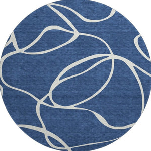 HomeRoots 8' Navy Blue & Ivory Abstract Washable Round Rug – Stain Resistant, UV Protected, Modern Style 678655