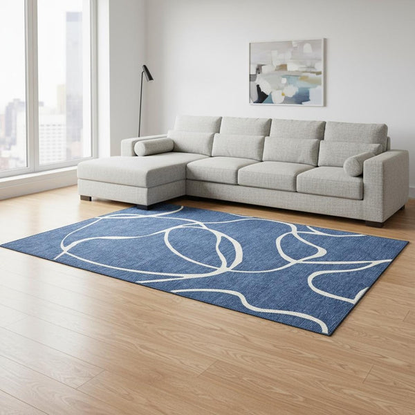 HomeRoots 8' X 10' Navy Blue & Ivory Washable Abstract Area Rug with UV Protection - Stylish & Durable Design 678656
