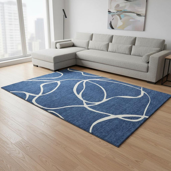 HomeRoots 9' X 12' Navy Blue & Ivory Abstract Area Rug – Stylish, Washable, UV Protected for Busy Homes 678657
