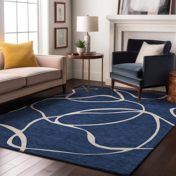 HomeRoots 9' X 12' Navy Blue & Ivory Abstract Area Rug – Stylish, Washable, UV Protected for Busy Homes 678657