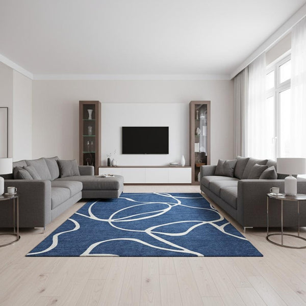 HomeRoots 10' X 14' Navy Blue & Ivory Abstract Area Rug - Washable, UV Protected, Perfect for Busy Homes! 678658