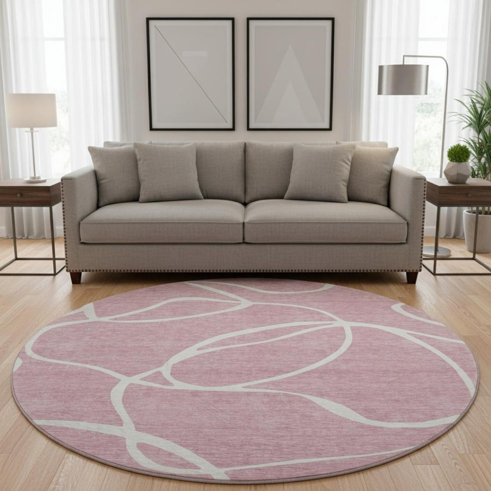 HomeRoots 8' Stylish Pink and Ivory Abstract Washable Round Rug with UV Protection for Modern Homes & Families 678661