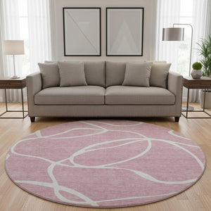 HomeRoots 8' Stylish Pink and Ivory Abstract Washable Round Rug with UV Protection for Modern Homes & Families 678661