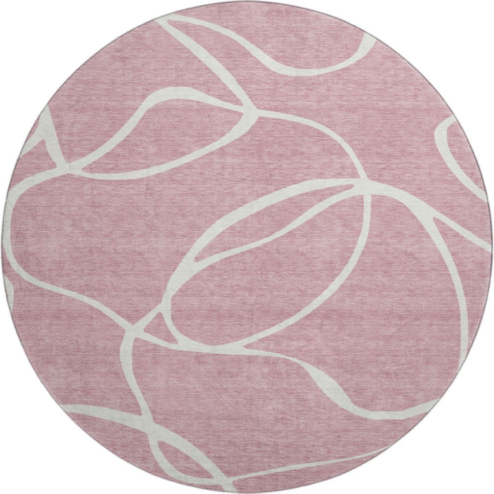 HomeRoots 8' Stylish Pink and Ivory Abstract Washable Round Rug with UV Protection for Modern Homes & Families 678661